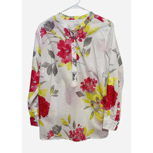 Talbots Floral Blouse Women’s 1X White Cotton Spring Roll Tab Popover Shirt